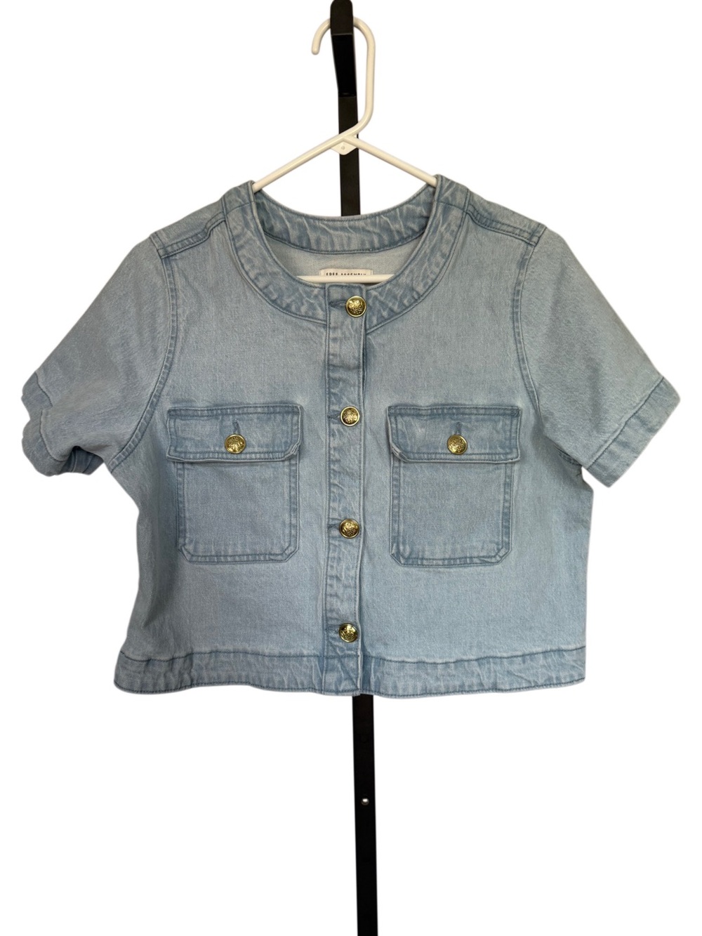 Free Assembly Light Blue Cropped Denim Jacket Gold Buttons Size M Classic Layer